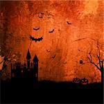 Detailed orange grunge Halloween background with haunted house