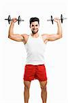 Portrait of handsome young man lifting weights, isolated on white background