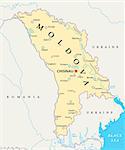 Moldova political map with capital Chisinau, national borders, important cities, rivers and lakes. English labeling and scaling. Illustration.