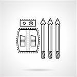 Sharpeners and three sharpened pencils. Flat line style vector icon. Items and supplies for school, drawing, office. Elements of web design for business.