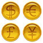 Golden Money Buttons Icons with Currency Signs Set, Dollar, Euro, Pound, Yen. Vector Eps10, Contains Transparencies