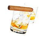 Two whiskey glasses and cigar. Isolated on white background