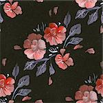Seamless pattern with pink flowers on a  black background. Drawing acrylic paints.