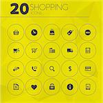 Simple thin minimalistic shopping icons collection on yellow polygonal background