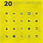 Simple thin minimalistic web and commercial icons collection on yellow polygonal background
