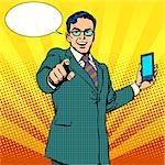 buy a new gadget and phone business concept pop art retro style. Businessman touts smartphone