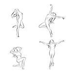 Four silhouettes of woman dancing naked, lineart