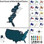 Vector set of East Coast of the United States with flags and map on white background