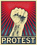 A clenched fist held high in protest, vector illustration distressed style.