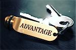 Keys with Word Advantage on Golden Label over Black Wooden Background. Closeup View, Selective Focus, 3D Render. Toned Image.