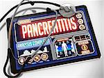 Pancreatitis - Diagnosis on the Display of Medical Tablet and a Black Stethoscope on White Background.