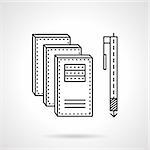 Three notebooks and pen. Supplies for office. manager, school. Flat thin line style vector icon. Single element of web design for site or mobile app.