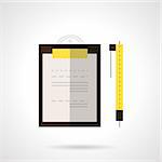 Document on brown clipboard with yellow holder and yellow pen. Flat color vector icon. Signing of contracts, office supply, paperwork.  Design symbols for website and business.
