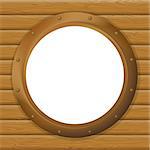 Ship window round bronze porthole on wood wall with empty white place. Eps10, contains transparencies. Vector