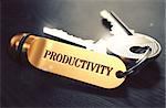 Keys and Golden Keyring with the Word Productivity over Black Wooden Table with Blur Effect. Toned Image.