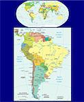 World map and South America maps