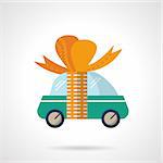 Green cute car with orange ribbon with bow. New car, car gift. Flat color style vector icon. Single web design element for site or mobile app.