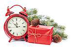 Christmas clock, gift box and snow fir tree. Isolated on white background