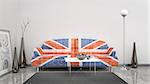 3d interior render image of an Great Britain flag sofa in a room with space for your content