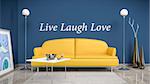 3d interior render image of an orange sofa in a blue room with the text live laugh love on the wall