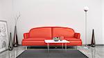 3d interior render image of a red sofa in a white room with space for your content