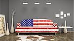 3d interior render image of an usa flag sofa in a room with a cow skin