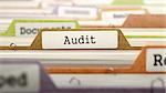 File Folder Labeled as Audit in Multicolor Archive. Closeup View. Blurred Image.