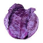 A whole head of red cabbage with water drops on leaves isolated on a white background.
