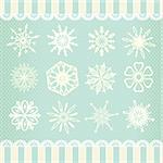 Set of 12 different vector snowflakes on background in retro style. Can be used for scrapbooking Christmas or winter design