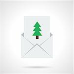 White postcard with green Christmas tree put in blank envelope. Holidays invitations. Flat color simple vector icon. Single web design elements for business, app, website.