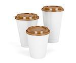 Three paper coffee cups with brown lids on white background