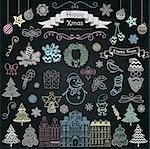 Set of Colorful Hand Drawn Artistic Christmas Doodle Icons on Chalk Board Menu Background Texture. Xmas Vector Illustration. Sketched Decorative Design Elements, Cartoons. New Year