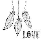 Vector hand drawn poster with feathers and beads. Bohemian style.