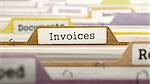 Invoices Concept. Colored Document Folders Sorted for Catalog. Closeup View. Selective Focus.