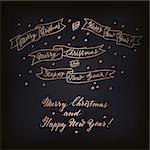 Set of metallic bronze hand drawn New Year and Christmas ribbons with handlettering, vector illustration