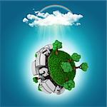 3D render of a grassy globe with trucks and trees under a cloud with a rainbow