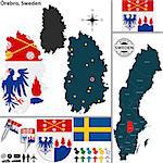 Vector map of county Orebro with coat of arms and location on Sweden map