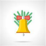 Yellow handbell with red bow and Christmas tree branch. Flat color style vector icon. Christmas decorations. Buttons and design elements for website, mobile app, business.