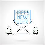 Envelope and card with typewriting blue text Happy New Year, decor with two Christmas trees. Flat color line style vector icon. Buttons and design elements for website, mobile app, business.