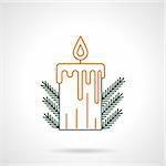 Yellow flat line style xmas candle with flame and green fir branches decor. Flat line vector icon. Buttons and design elements for website, mobile app, business.