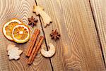 Christmas food decor on wooden table.  View with copy space