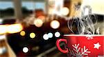 3D render of a Christmas mug on defocussed cafe bar background