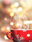 3D render of a steaming Christmas mug on a bokeh lights background