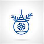 Christmas ball with snowflake and pine branch. Winter holidays symbols. Blue simple line style vector icon.  Single web design element for mobile app or website.