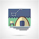 Summer outdoors active leisure. Campsite with tent and night sky with stars. Hiking, camping, fishing. Flat color style vector icon. Single web design element for mobile app or website.