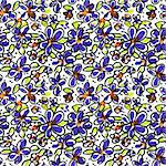 Seamless pattern  with simple flowers and leaves in doodle style. Purple flowers on a white background.  Drawing ink and watercolor.