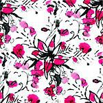 Seamless pattern with watercolor flowers. Red flowers on a white background.  Drawing ink and watercolor.