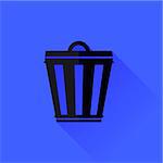 Trash Can Isolated on Blue Background. Long Shadow.