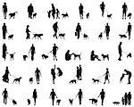 Black silhouettes of people with dog, vector