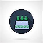 Christmas pie decorated with sugar fir-trees and snowflakes. Festive seasonal baking and pastry. Blue round flat color vector icon with long shadow. Single web design element for mobile app, website.